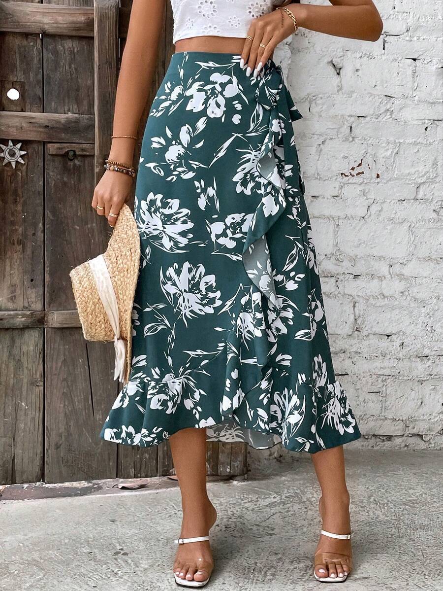 SHEIN LUNE 女款花卉荷葉邊半身裙 - 綠色 - 查看 1