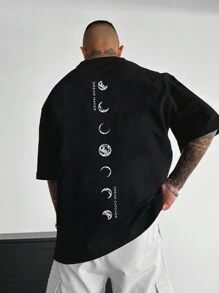 Men's Casual Breathable Tee, Moon Print On Back Short Sleeve T-Shirt - Black - View 1
