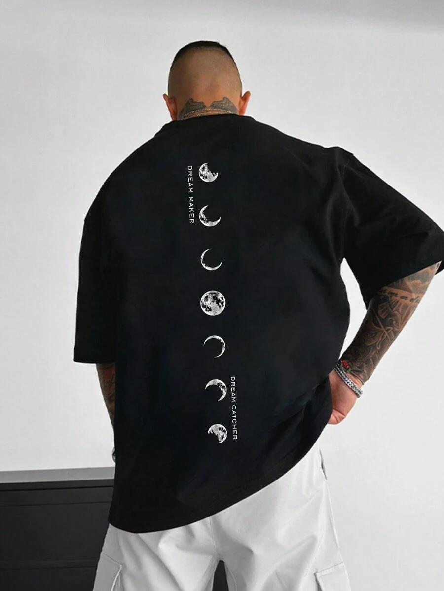 Men's Casual Breathable Tee, Moon Print On Back Short Sleeve T-Shirt - Black - View 1