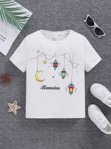 SHEIN Tween Girls Knitted Round Neck Short Sleeve T-Shirt - White - View 1