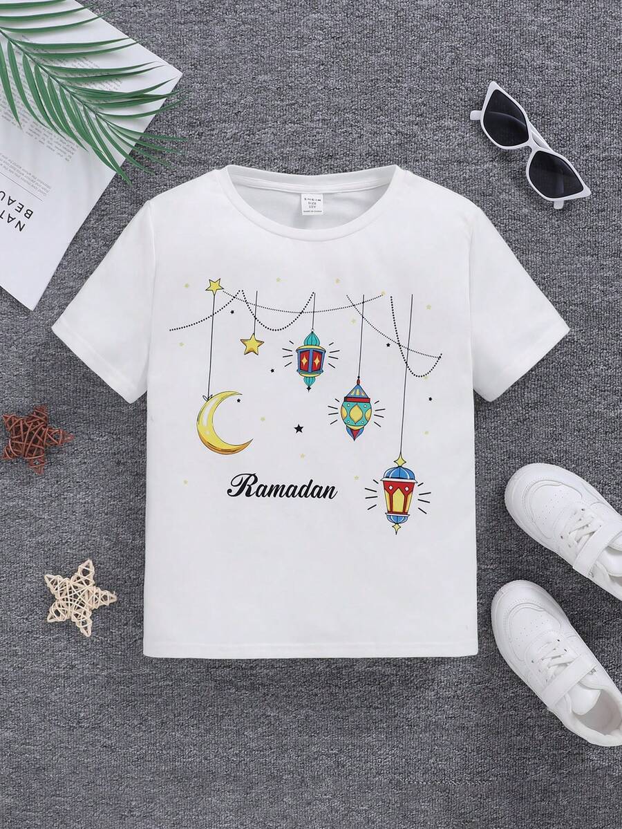 SHEIN Tween Girls Knitted Round Neck Short Sleeve T-Shirt - White - View 1