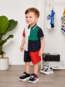 SHEIN Conjunto De Pantalones Cortos Informales Y Jersey Con Cuello Plano Y Bloques De Color Para Bebé Niño - Multicolor - Ver 1