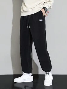 男士字母貼片抽繩腰運動褲 - 黑色 - 查看 3