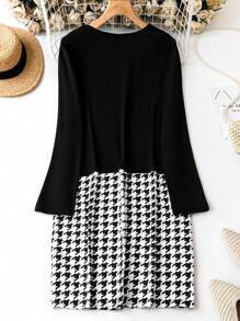 SHEIN LUNE 加大尺碼千鳥格拼接裙 - 黑色 - 查看 2