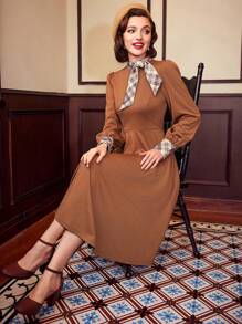 Vintamour Vintage Elegant Women's Plaid Splice Collar Tie Long Sleeve A-Line Dress - Brown - View 6