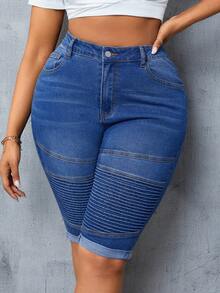 SHEIN SXY Kích thước lớn Nhấn Thon gọn Quần short Denim - Rửa tối - Xem 4