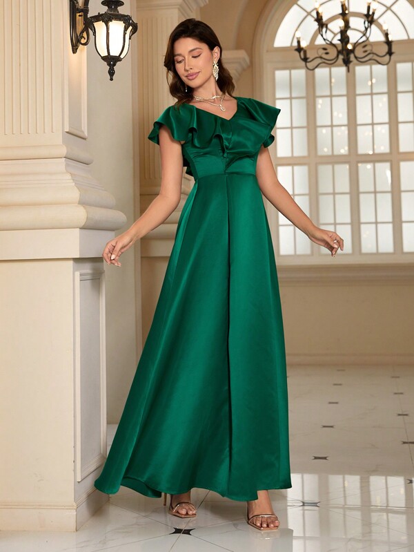 Elegantes einfarbiges Rüschenbesatz V-Ausschnitt Abendkleid