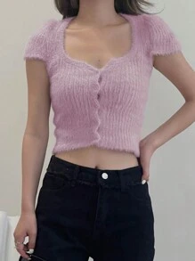 DAZY Của phụ nữ Ngắn Màu thuần Mở Không nút Dệt kim Áo - Hồng - Xem 6