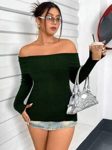 Flirla Plus Size Off-Shoulder Sweater With Side Split Design Knit Pullover Fall Winter - Green - View 5