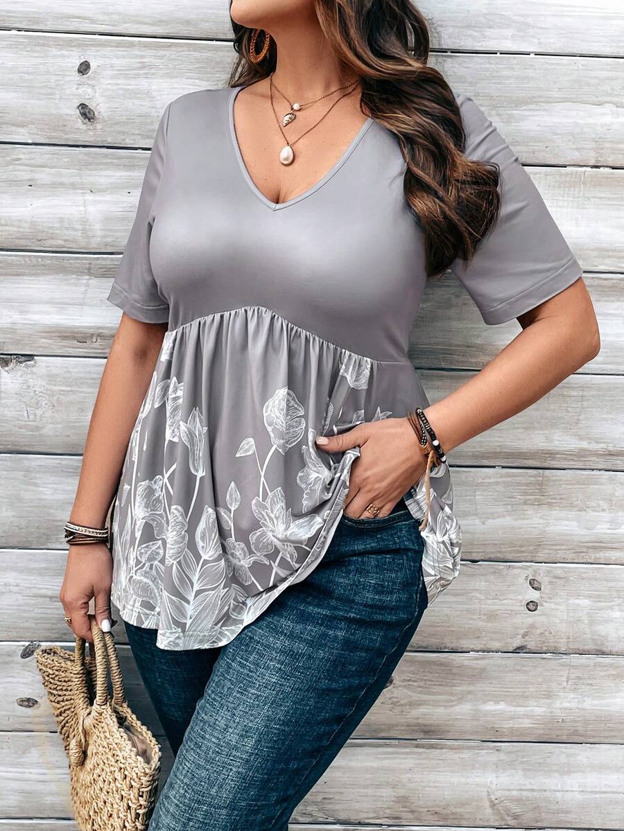 EMERY ROSE Plus Size Women's Floral Printed VNeck TShirt Short Sleeve