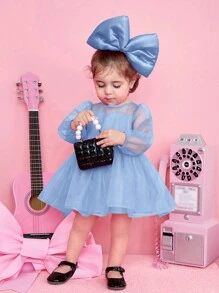 SHEIN 女婴优雅撞色网眼圆领公主裙 - 藍色 - 查看 3