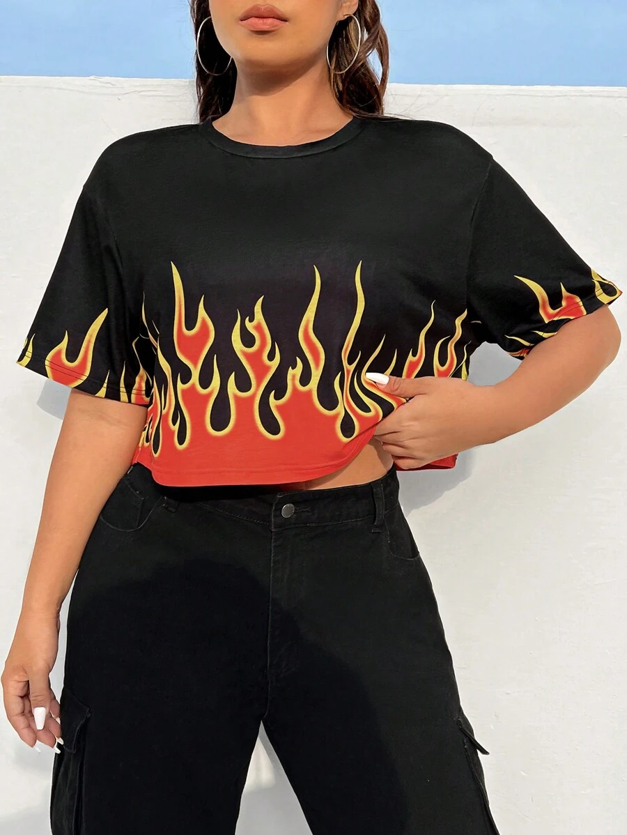 Coolane Plus Size Casual Contrast Color Flame Print Cropped Summer T-Shirt - Multicolor - View 1