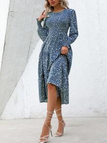 EMERY ROSE 碎花灯笼袖荷叶边下摆连衣裙（不带腰带）女式长款秋季连衣裙 - 藍色 - 查看 3