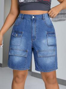 SHEIN ICON 女士加大碼摺邊口袋洗水牛仔短褲 - 深色水洗藍 - 查看 4