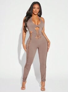 SHEIN SXY Women'S Cross Strap Halter Neck Tight Jumpsuit - Dusty Purple - View 7