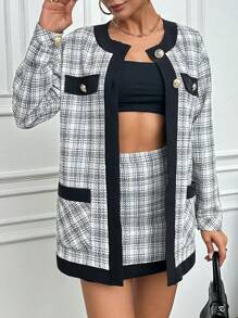 RueChic Plaid Edge Trimmed Jacket And Skirt Set - Black and White - View 3