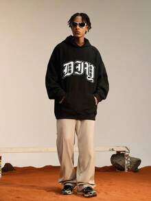 男士字母印花連帽衫 - 黑色 - 查看 5