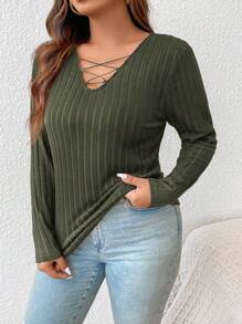 SHEIN Frenchy 大尺碼交叉 V 領修身長袖 T 卹 - 軍綠色 - 查看 5