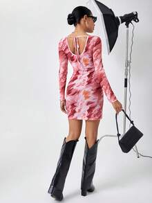 SHEIN Essnce Tie Dye Printed Dress - Red - View 2