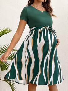 SHEIN Maternity Short Sleeve Belted Dress - Green - View 1