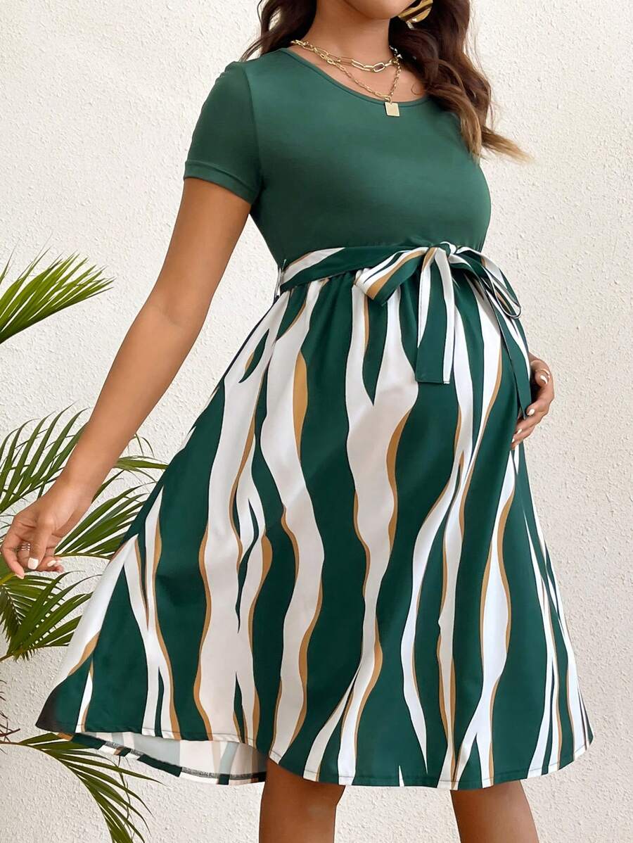 SHEIN Maternity Short Sleeve Belted Dress - Green - View 1