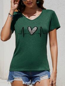 INAWLY Women's Love Printed V-Neck T-Shirt Graphic Tees Women Tops - Green - View 3