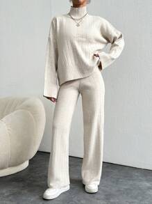 EURMUSE Solid Color Long-Sleeved Sweater And Knitted Trousers Two-Piece Set - Apricot - View 4