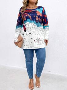 SHEIN LUNE 大尺碼女款紮染卡通印花長袖 T 卹 - 彩色 - 查看 1