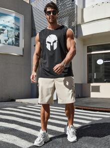 SHEIN Manfinity Homme 男式大尺碼純色翻領口口袋短褲，帶有貨物裝扮的休閒服裝 - 米色 - 查看 5