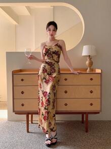 EastFlair Women's Retro Chinese-Style Asymmetric Printed Camisole Top With Fish Tail Hem And Slim Skirt Set - Yellow - View 3