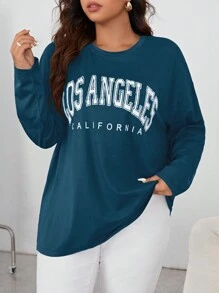 SHEIN Essnce 加大號女士字母圓領t恤 - 水鴨藍 - 查看 1