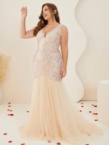 Plus Sequins Formal Mermaid Dress Evening Gowns - Gold - View 5