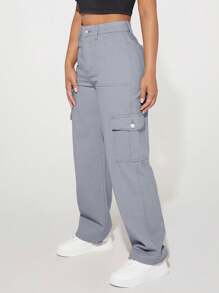 SHEIN PETITE Pantalones De Carga De Mezclilla De Color Sólido - Albaricoque - Ver 2
