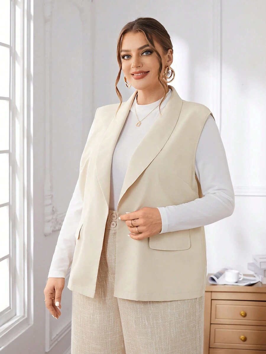 SHEIN Privé Plus Size Solid Elegant Sleeveless Blazer Jacket - Khaki - View 1