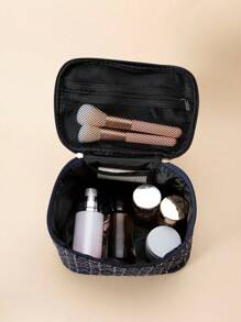 1 Miếng 22*14*14 Mỹ phẩm Hộp đựng Với Bàn chải trang điểm Giá đỡ Đối với phụ nữ , Xanh Với Vàng Họa tiết Lưới - Màu xanh Cadet - Xem 4