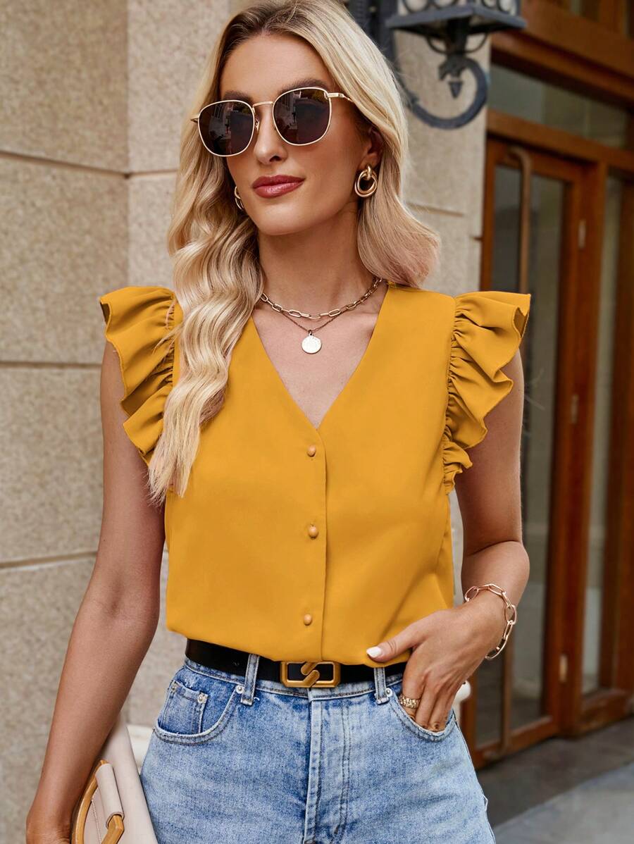 SHEIN Clasi Women's V-Neck Striped Shirt With Flutter Sleeves Shirts Summer Women Shirts - Yellow - View 1