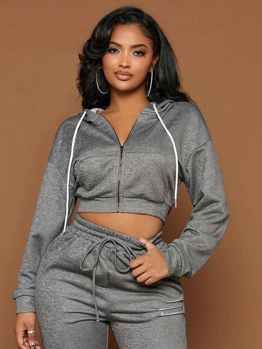 SHEIN SXY Zip Up Drop Shoulder Drawstring Crop Hoodie - Grey - View 1
