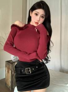 DAZY 女款拼布毛茸茸露肩毛衣 - 酒紅色 - 查看 4