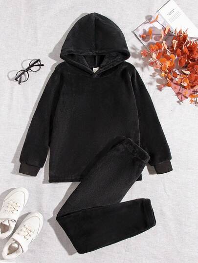 SHEIN Young Girl Solid Teddy Hoodie & Pants