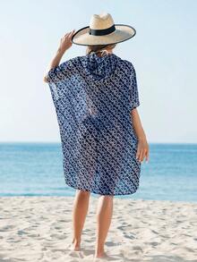 SHEIN Swim 1 chiếc váy trùm đầu in họa tiết cánh dơi tay dài mùa hè - Nhiều màu - Xem 2