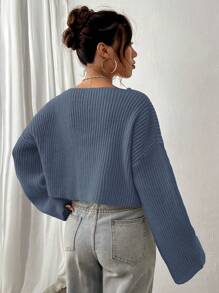 SHEIN Unity 纯色 V 领落肩短款毛衣、七分袖上衣 - 藍色 - 查看 2