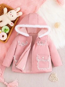 Baby Girls' Mid-Length Padded Coat With Lace Patchwork And Pockets - Pink - View 1