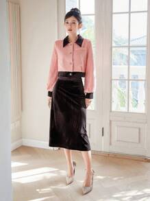 DAZY Women's Colorblock Jacket With Solid Color Knee Length Skirt Set, Women Two Pieces Sets,Fall Clothes - Pink - View 10