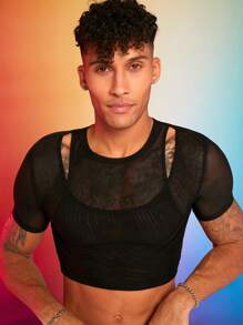 FeverCity Men'S Jersey Mesh Super Cropped T-Shirt - Black - View 3