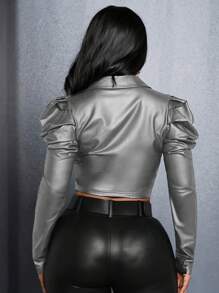 Slaydiva 女士金屬質感羊肉袖短袖襯衫 - 灰色 - 查看 2