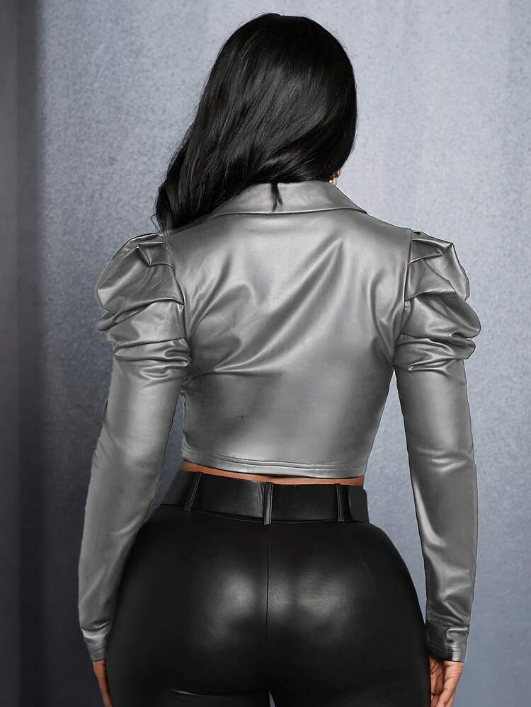 Women's Metallic Fabric Leg-Of-Mutton Sleeve Shortened Shirt