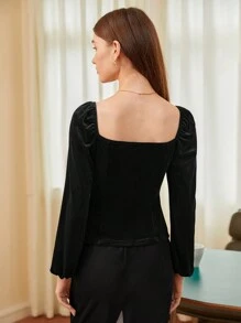 BizChic 女士天鵝絨燈籠袖襯衫 - 黑色 - 查看 2