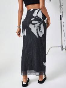 SHEIN Essnce Mesh Print Long Skirt - Black - View 2