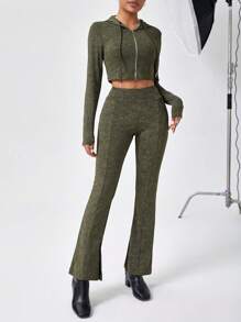 SHEIN Essnce Set Da Donna Con Top E Pantaloni Con Cappuccio E Cerniera Frontale - Verde militare - Visualizzare 3