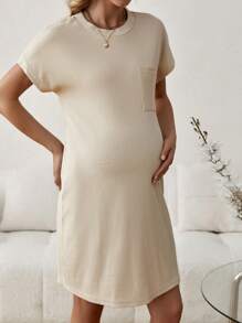 SHEIN Maternity Batwing Short Sleeve Ribbed Dress - Apricot - View 4